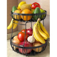 2 Tier Large Fruit Basket for Kitchen Counter with 2 Banana Hangers, Metal Stackable Fruit Bowl for Kitchen Counter for Bread Vegetable Fruits, Black