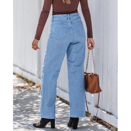 GRAPENT Wide Leg Jeans for Women High Waisted Trendy Button Fly Stretchy Denim Pants Vintage Straight Leg Trouser Jeans