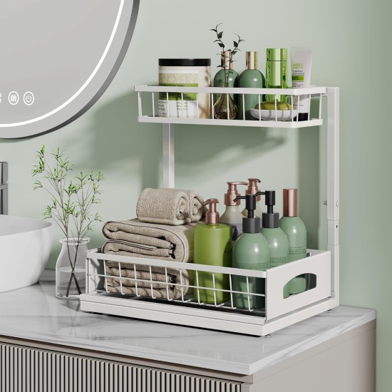 Under Sink Organizer, 2 Pack Height Adjustable Cabinet Organizer with Slide Out Drawer, Pull Out Under Sink Storage, Multi-Purpose 2 Tier Sink Shelves for Kitchen Bathroom Pantry (White, 2 Pack)