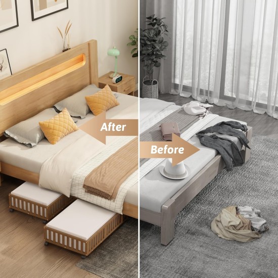 Under Bed Storage Containers with Wheels, 2 Pack Bamboo Under the Bed Shoe Storage Bins, Wood Rolling Underbed Drawers Organizer for Bedroom, Closet Clothes Blanket Comforter Under Crib Toy Walunt