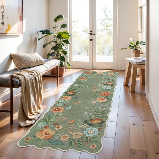 Lahome Floral Runners for Hallways, 2X6 Kitchen Runner Rug Ultra-Thin Soft, Non-Slip Hallway Rug Stain Resistant Boho Low-Pile Carpet for ‎Laundry Bathroom Bedroom Flore (2x6ft,Green)