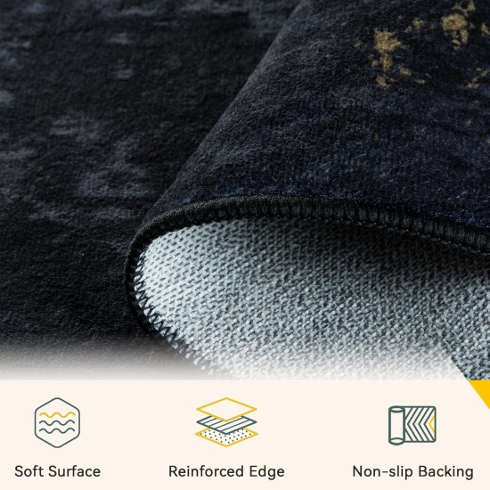Washable Area Rugs 5'x7' Non-Slip Modern Abstract Soft for Living Room Entryway Bedroom Nursery, Print Pattern, Dark Black Gold