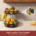 2 Tier Large Fruit Basket for Kitchen Counter with 2 Banana Hangers, Metal Stackable Fruit Bowl for Kitchen Counter for Bread Vegetable Fruits, Black