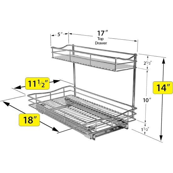 LYNK PROFESSIONAL® Pull Out Under Sink Kitchen Cabinet Organizer - 11.5 in. x 18 inch deep Drawer - Sliding Shelf Organizer for Cabinets and Undersink Storage Shelves - Lifetime Ltd. Warranty – Chrome