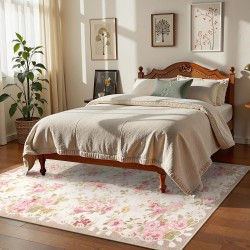 Lahome Floral Washable Rugs 5x7,Rugs for Living Room Boho Area Rug,Vintage Rugs for Bedroom Girls Non Slip Low Pile Ultra-Thin Large Carpet for Farmhouse,Dining Room,Kids Playroom Nina (5'X7',Beige)
