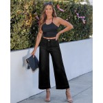 GRAPENT Cropped Jeans for Women Trendy 2026 Wide Leg High Waisted Patch Pocket Stretchy Denim Pants Short Trouser Jeans