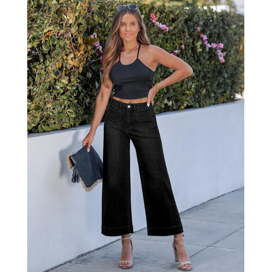 GRAPENT Cropped Jeans for Women Trendy 2026 Wide Leg High Waisted Patch Pocket Stretchy Denim Pants Short Trouser Jeans