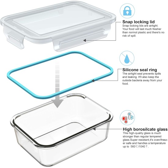 Glass Food Storage Containers with Lids, [18 Piece] Glass Meal Prep Containers, Containers for Food Storage with Lids, BPA Free & Leak Proof (9 Lid & 9 Container)