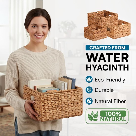 Honey-Can-Do Banana Leaf Storage Baskets –Water Hyacinth Woven Basket, Decorative Baskets for Shelves, Basket for Gifts, Closet, Pantry, and Home Organization, Set of 3, Multi-Size