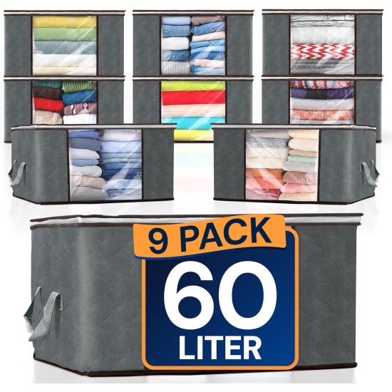 Reli. 60L Clothes Storage Bags (9 Pack) Closet Organizers, Storage Containers | Foldable Clothes Bins w/Lids, Handles | Large Bags for Storing Towels, Clothing, Toys, Blankets | Grey Reli. 60L Clothes Storage Bags (9 Pack) Closet Organizers, Storage Containers | Foldable Clothes Bins w/Lids, Handles | Large Bags for Storing Towels, Clothing, Toys, Blankets | Grey