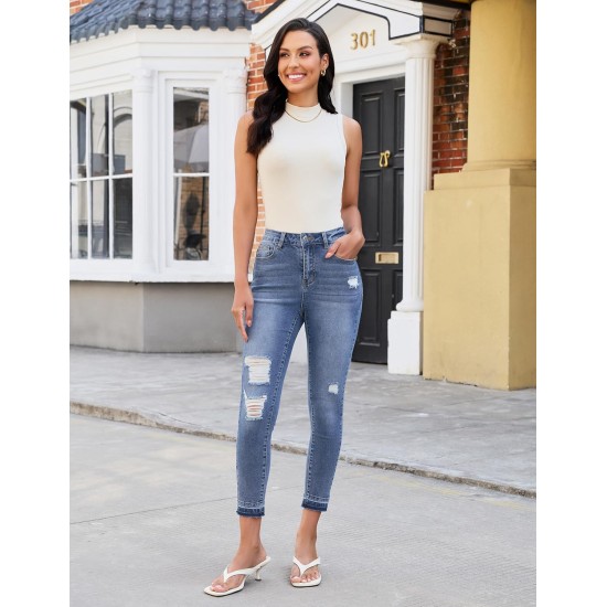 luvamia Cropped Jeans for Women Skinny Trendy High Waisted Distressed Ripped Stretchy Denim Pants Destroyed Jeggings