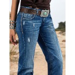 Flamingals Women's Retro Mid Rise Bootcut Flare Jeans Distressed Stitch Stretch Denim Pants Without Belt