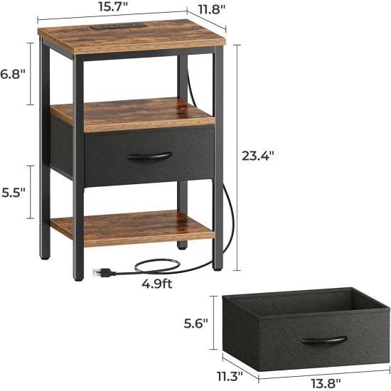 SUPERJARE Nightstand with Charging Station, Bed Side Table with Adjustable Fabric Drawer, Night Stand for Bedroom, 3-Tier Storage End Table, for Living Room, Rustic Brown and Black SUPERJARE Nightstand with Charging Station, Bed Side Table with Adjustable Fabric Drawer, Night Stand for Bedroom, 3-Tier Storage End Table, for Living Room, Rustic Brown and Black