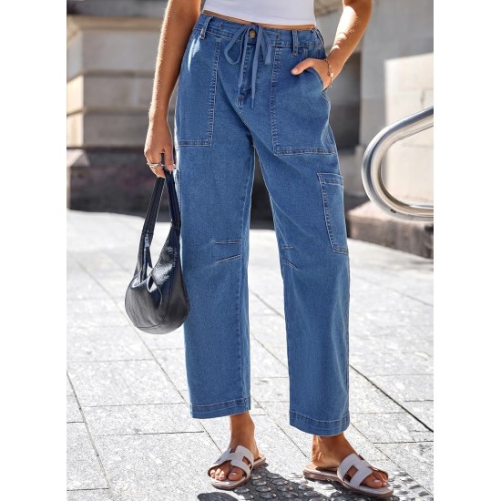 Dokotoo Jeans for Women Casual High Waisted Straight Wide Leg Pants Loose Cargo Denim Pants with Pockets