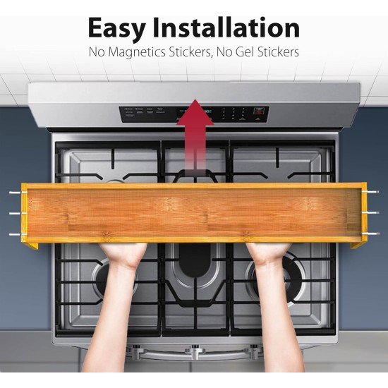 IIIOIIIA Bamboo Over the Stove Spice Shelf for Kitchen, 31.5" Spice Rack Organizer Shelf with 6 hooks, 11.4" Height Extra Storage Countertop, Easy to Assemble