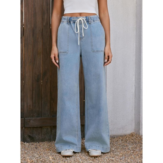 CIDER Womens Drawstring Baggy Wide Leg Jeans High Elastic Waist Boyfriend Jeans with Deep Pockets Trendy Denim Pants CIDER Womens Drawstring Baggy Wide Leg Jeans High Elastic Waist Boyfriend Jeans with Deep Pockets Trendy Denim Pants