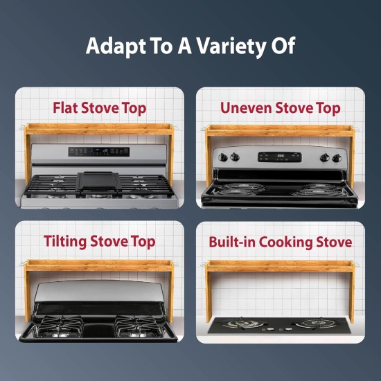 IIIOIIIA Bamboo Over the Stove Spice Shelf for Kitchen, 31.5" Spice Rack Organizer Shelf with 6 hooks, 11.4" Height Extra Storage Countertop, Easy to Assemble