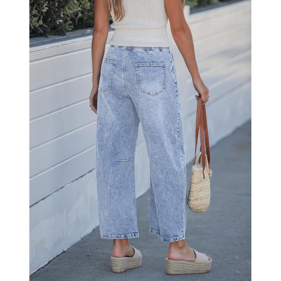 GRAPENT Barrel Jeans for Women Trendy High Waisted Cropped Baggy Wide Leg Pull On Elastic Waist Stretchy Denim Pants GRAPENT Barrel Jeans for Women Trendy High Waisted Cropped Baggy Wide Leg Pull On Elastic Waist Stretchy Denim Pants