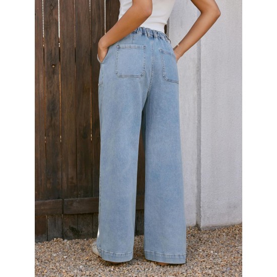 CIDER Womens Drawstring Baggy Wide Leg Jeans High Elastic Waist Boyfriend Jeans with Deep Pockets Trendy Denim Pants CIDER Womens Drawstring Baggy Wide Leg Jeans High Elastic Waist Boyfriend Jeans with Deep Pockets Trendy Denim Pants