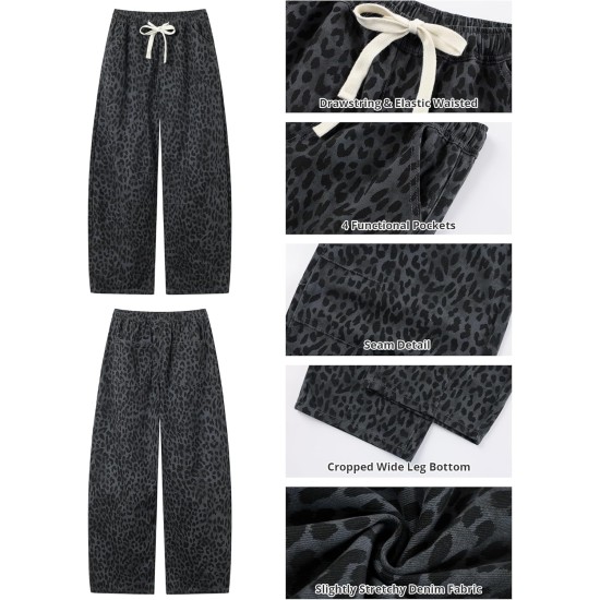 GRAPENT Barrel Jeans for Women Trendy High Waisted Pull On Wide Leg Cropped Leopard Cheetah Print Stretchy Denim Pants