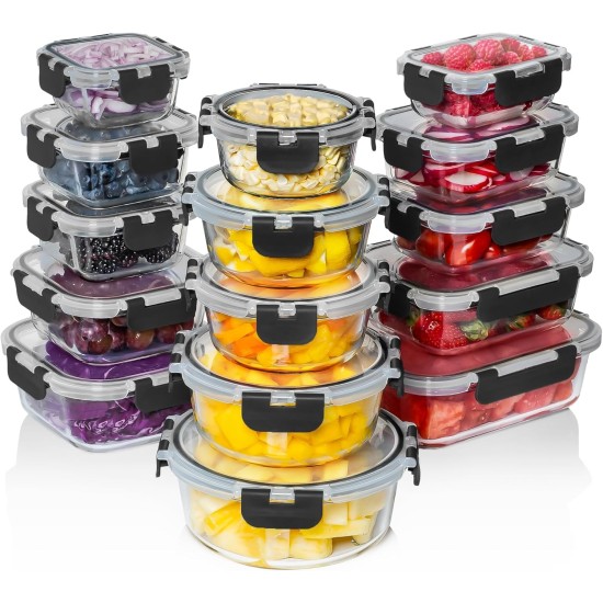 Razab 30 PC Glass Food Storage Containers with Lids - Reusable Glass Meal Prep Containers for Lunch and Leftovers - Airtight & Leakproof Snap Locking Lids - Oven, Freezer, Microwave, Dishwasher Safe