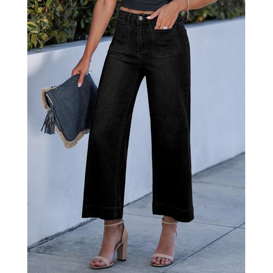 GRAPENT Cropped Jeans for Women Trendy 2026 Wide Leg High Waisted Patch Pocket Stretchy Denim Pants Short Trouser Jeans
