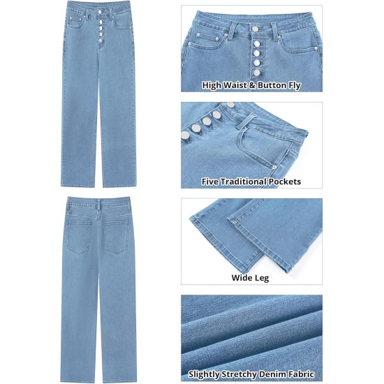 GRAPENT Wide Leg Jeans for Women High Waisted Trendy Button Fly Stretchy Denim Pants Vintage Straight Leg Trouser Jeans