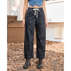 GRAPENT Barrel Jeans for Women Trendy High Waisted Pull On Wide Leg Cropped Leopard Cheetah Print Stretchy Denim Pants