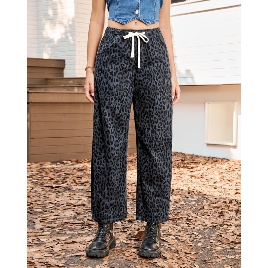 GRAPENT Barrel Jeans for Women Trendy High Waisted Pull On Wide Leg Cropped Leopard Cheetah Print Stretchy Denim Pants