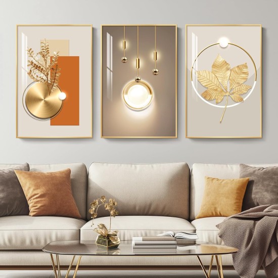 Framed Modern Luxury Gold Wall Art, Set of 3 Piece Contemporary Paintings Artwork for Walls, Golden Prints Pictures with Gold Frame, Wall Decor for Living Room, Hallway, Bedroom, Office 16x24 Inch