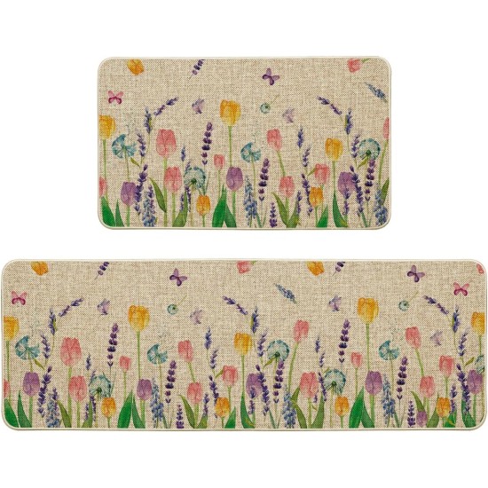 Artoid Mode Lavender Tulip Spring Kitchen Mats Set of 2, Seasonal Flower Summer Home Decor Low-Profile Kitchen Rugs for Floor - 17x29 and 17x47 Inch