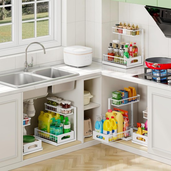 Under Sink Organizer, 2 Pack Height Adjustable Cabinet Organizer with Slide Out Drawer, Pull Out Under Sink Storage, Multi-Purpose 2 Tier Sink Shelves for Kitchen Bathroom Pantry (White, 2 Pack)