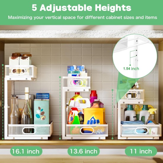 Under Sink Organizer, Height Adjustable 2 Tier Under Sink Organizers and Storage, Slide Out Metal Cabinet Organizers, Pull Out Sink Storage Drawer Shelf for Kitchen Bathroom Cabinet, White, 2 Pack