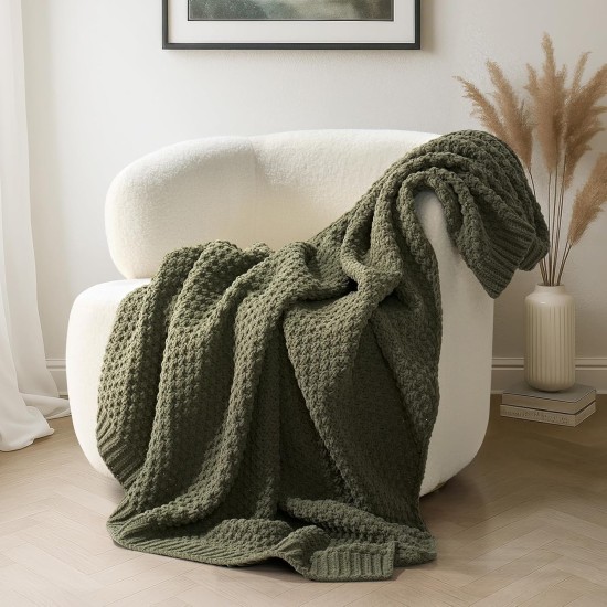EVERGRACEHOME Chunky Chenille Knit Throw Blanket for Couch, Soft Luxurious Moss Stitch Chair Blankets for Bed, Cozy Decorative Farmhouse Knitted Throws for Sofa, Olive Green, 50" x 60"