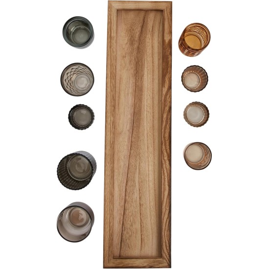 Wood Tray with 9 Brown Glass Votive Holders (Set of 10 Pieces)