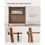 VASAGLE Blanket Ladder for Living Room, 5-Tier Wooden Ladder Shelf, Decorative Farmhouse Blanket Rack with Synthetic Leather Bag, Metal Hooks, Side Hooks, for Bedroom, Caramel Brown ULLS022K01