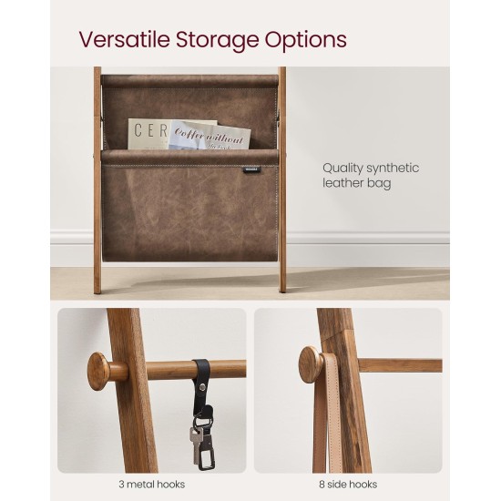 VASAGLE Blanket Ladder for Living Room, 5-Tier Wooden Ladder Shelf, Decorative Farmhouse Blanket Rack with Synthetic Leather Bag, Metal Hooks, Side Hooks, for Bedroom, Caramel Brown ULLS022K01