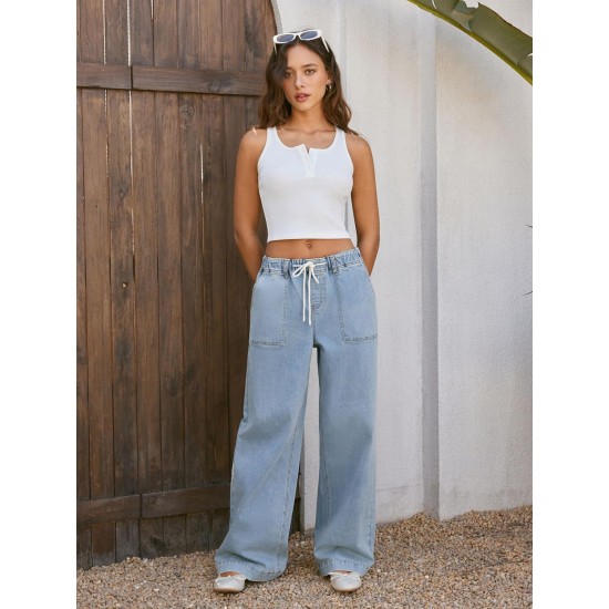CIDER Womens Drawstring Baggy Wide Leg Jeans High Elastic Waist Boyfriend Jeans with Deep Pockets Trendy Denim Pants CIDER Womens Drawstring Baggy Wide Leg Jeans High Elastic Waist Boyfriend Jeans with Deep Pockets Trendy Denim Pants