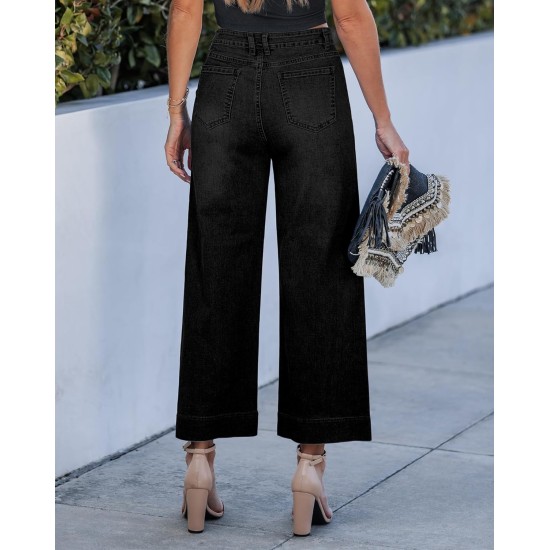 GRAPENT Cropped Jeans for Women Trendy 2026 Wide Leg High Waisted Patch Pocket Stretchy Denim Pants Short Trouser Jeans