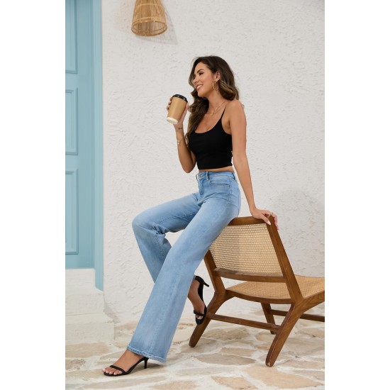 FLYING BANANA Women's High Rise Wide Leg Baggy Stretchy Loose Flare Bell Bottom Denim Jeans