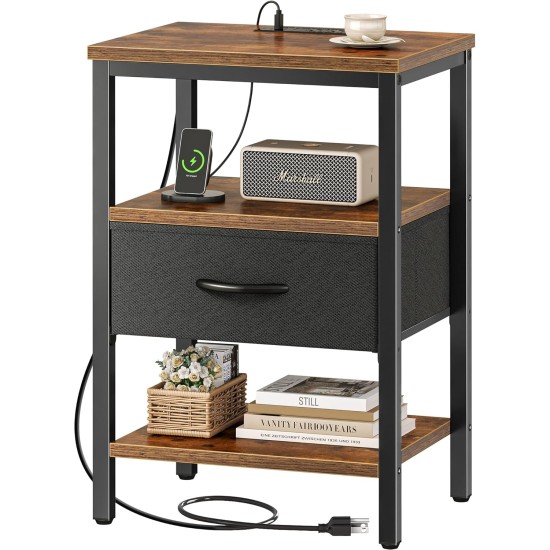 SUPERJARE Nightstand with Charging Station, Bed Side Table with Adjustable Fabric Drawer, Night Stand for Bedroom, 3-Tier Storage End Table, for Living Room, Rustic Brown and Black SUPERJARE Nightstand with Charging Station, Bed Side Table with Adjustable Fabric Drawer, Night Stand for Bedroom, 3-Tier Storage End Table, for Living Room, Rustic Brown and Black