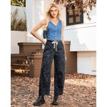 GRAPENT Barrel Jeans for Women Trendy High Waisted Pull On Wide Leg Cropped Leopard Cheetah Print Stretchy Denim Pants