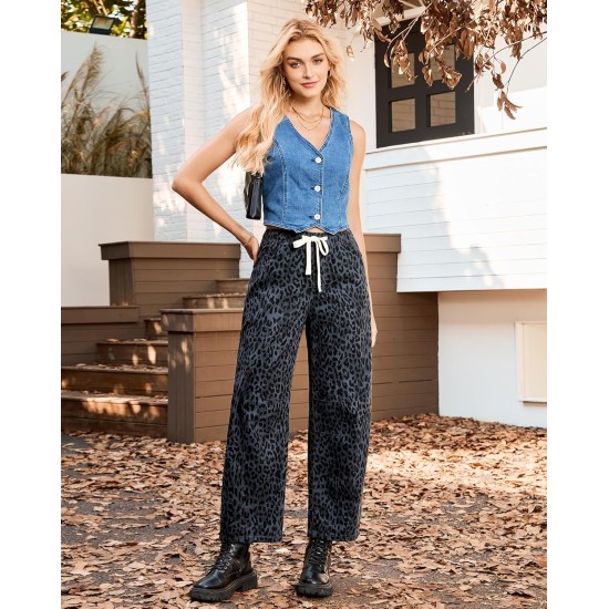 GRAPENT Barrel Jeans for Women Trendy High Waisted Pull On Wide Leg Cropped Leopard Cheetah Print Stretchy Denim Pants