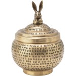 Round Hammered Metal Container with Rabbit Finial, Brass Finish