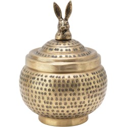 Round Hammered Metal Container with Rabbit Finial, Brass Finish