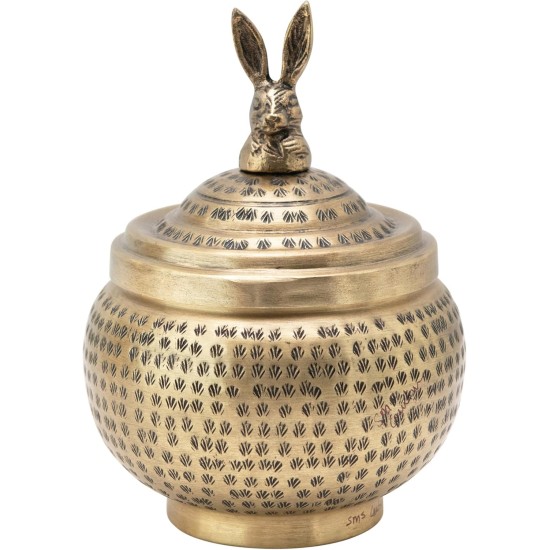 Round Hammered Metal Container with Rabbit Finial, Brass Finish