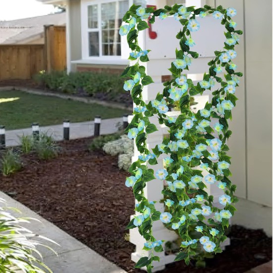 CISDUEO 2 Pcs Artificial Vines for Outdoors Silk Morning Glory Vines 15Feet Hanging Plants Blue Flowers Garland Fake Green Plant Morning Glories for Home Decor Wall Fence Wedding Hanging Baskets
