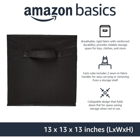 Amazon Basics Collapsible Fabric Storage Cube Bins Organizer with Handles, Sturdy, Black, 13-x-13-x-13-inch, Pack of 6