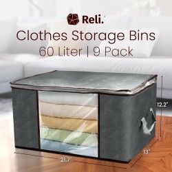 Reli. 60L Clothes Storage Bags (9 Pack) Closet Organizers, Storage Containers | Foldable Clothes Bins w/Lids, Handles | Large Bags for Storing Towels, Clothing, Toys, Blankets | Grey