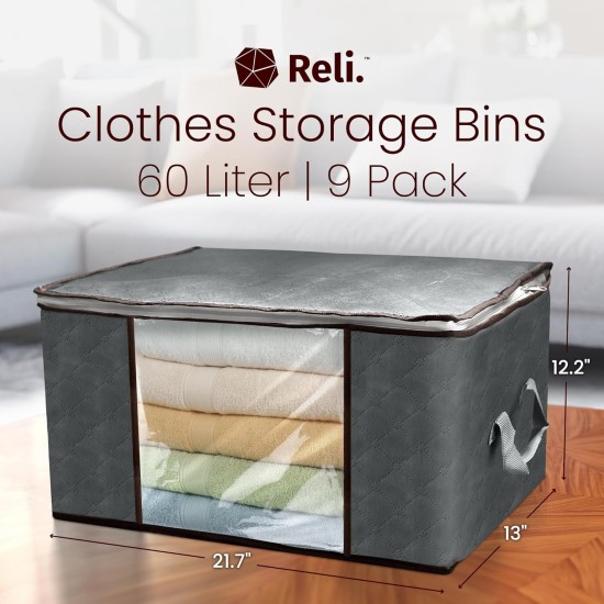 Reli. 60L Clothes Storage Bags (9 Pack) Closet Organizers, Storage Containers | Foldable Clothes Bins w/Lids, Handles | Large Bags for Storing Towels, Clothing, Toys, Blankets | Grey Reli. 60L Clothes Storage Bags (9 Pack) Closet Organizers, Storage Containers | Foldable Clothes Bins w/Lids, Handles | Large Bags for Storing Towels, Clothing, Toys, Blankets | Grey